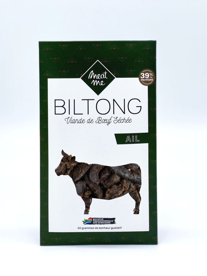 Viande de boeuf séchée et marinée à l'ail. Le Biltong est une tradition culinaire originaire d'Afrique du sud.